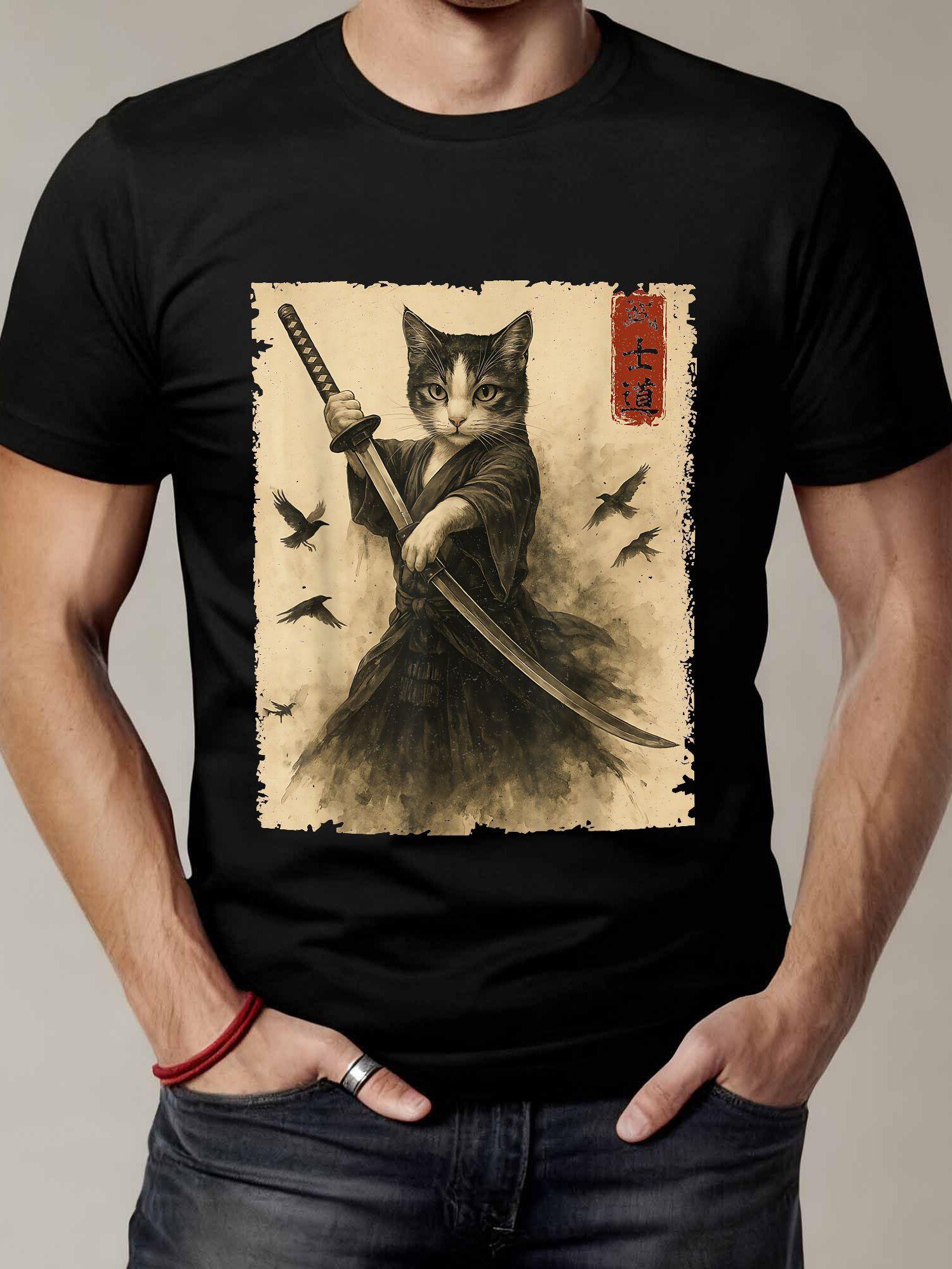 Collectible Vintage T Shirts - Vintage Samurai Cat T-Shirt Featuring Ukiyo-E